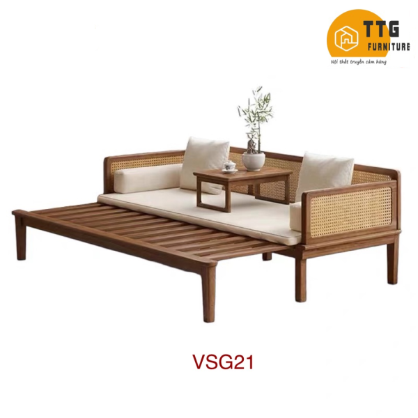 Ghế Sofa Bed, Sofa Giường Gỗ Phối Mây TTG VSG21